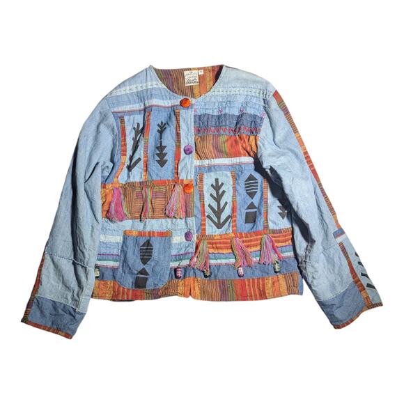 Vtg Y2K Parsley & Sage Boho Denim Rust Orange Patchwork Collarless Jacket Sz M - Picture 1 of 5
